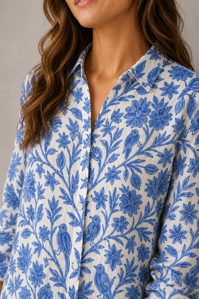 Sofaine Cora blue botanical floral print blouse in Multicolor, print detail