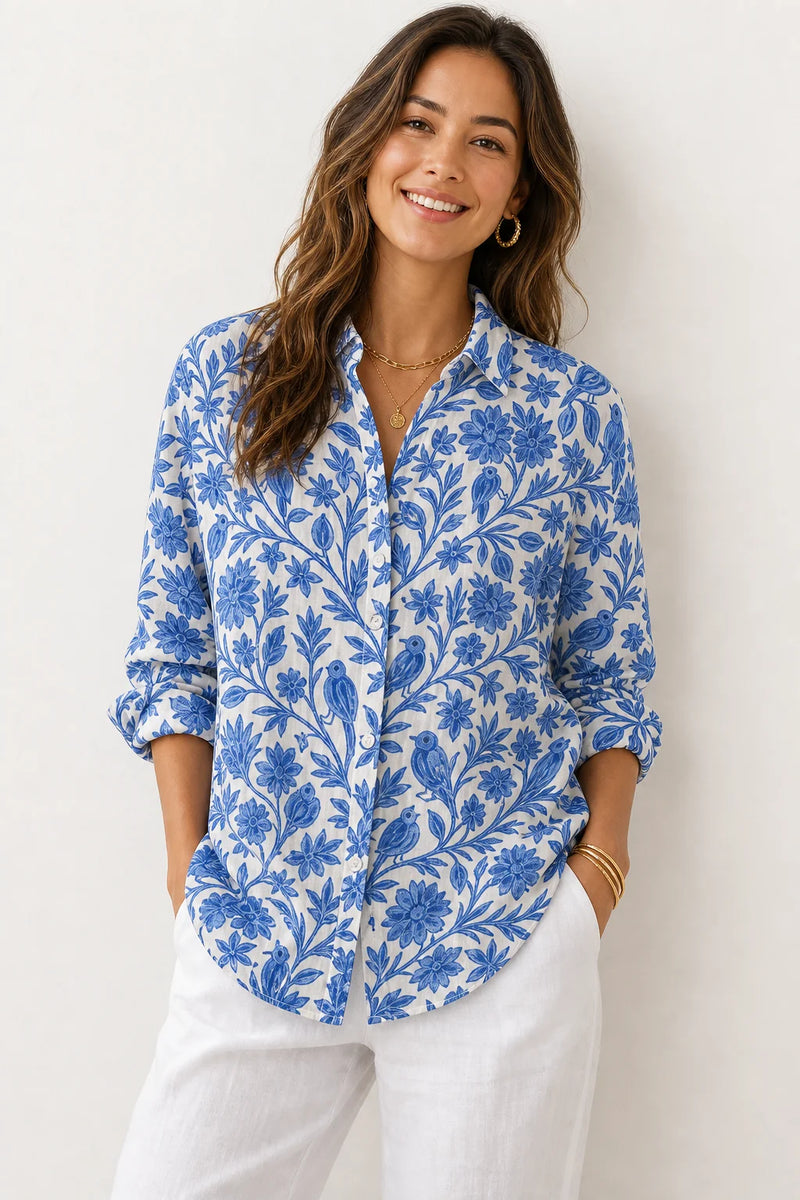 Sofaine Cora blue botanical floral print blouse in Multicolor, worn front hero