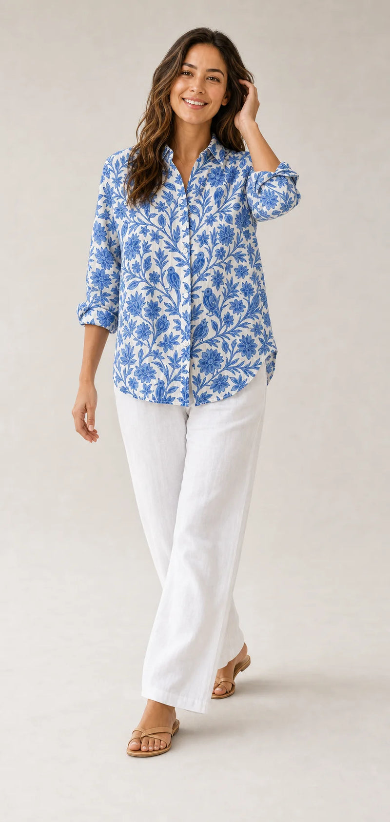 Sofaine Cora blue botanical floral print blouse in Multicolor, styled full look