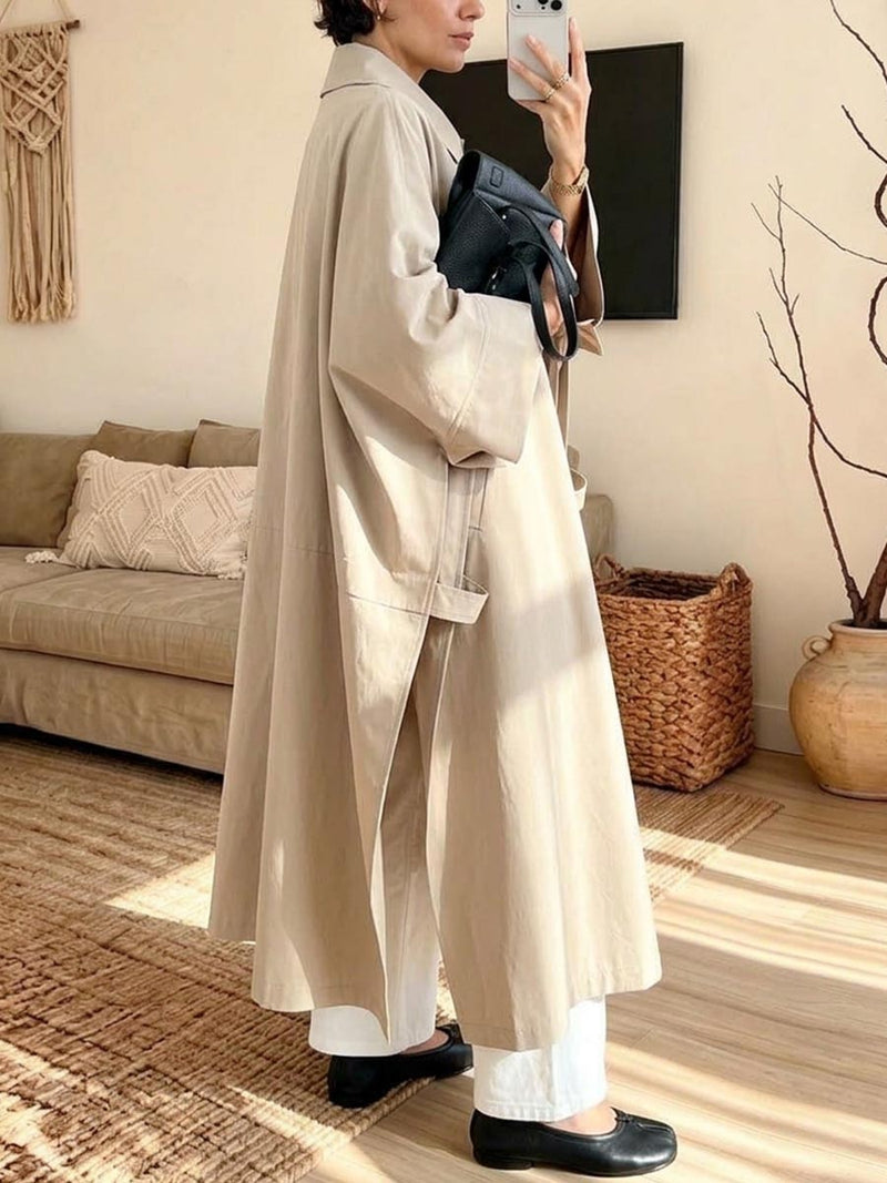 Long Cape Trench Coat for Women with Wide Sleeves and Shirt Collar in Khaki, side view