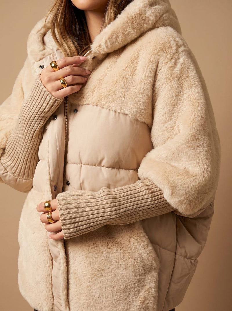 Quilted Coat for Women with Faux Fur Panels and Oversized Hood in Beige, studio front view