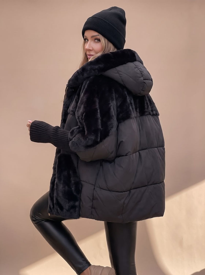 Quilted Coat for Women with Faux Fur Panels and Oversized Hood in Black, studio front view