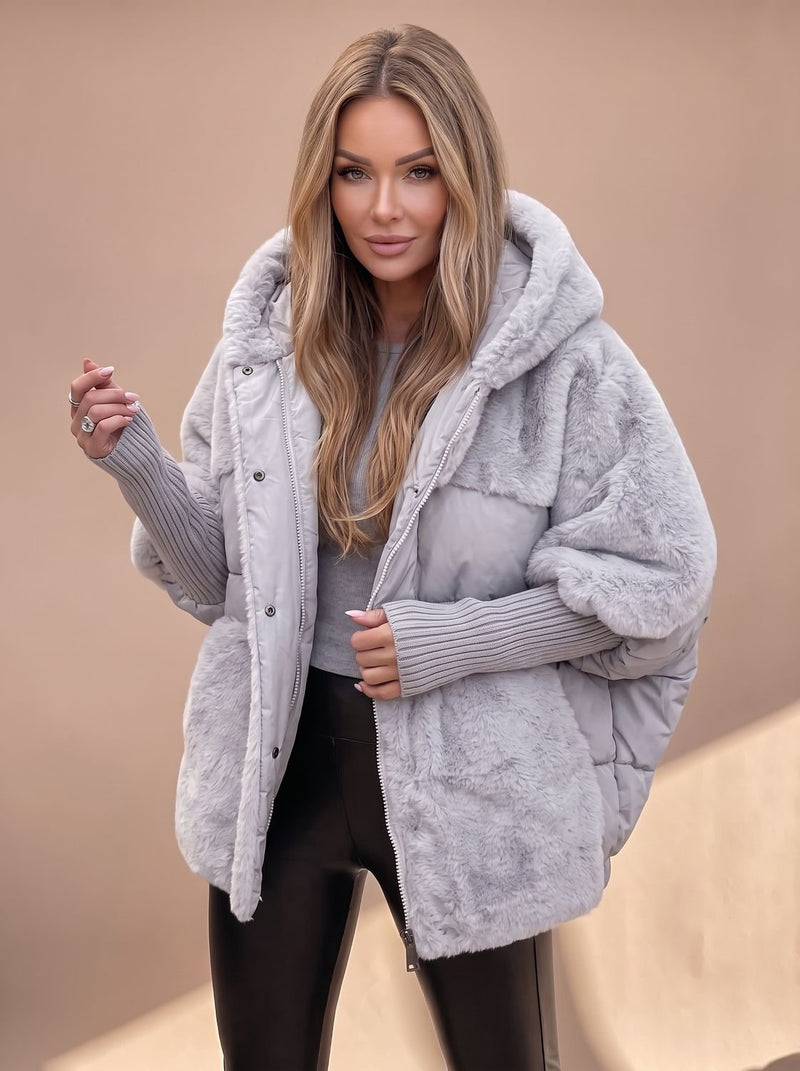 Quilted Coat for Women with Faux Fur Panels and Oversized Hood in Grey, studio front view