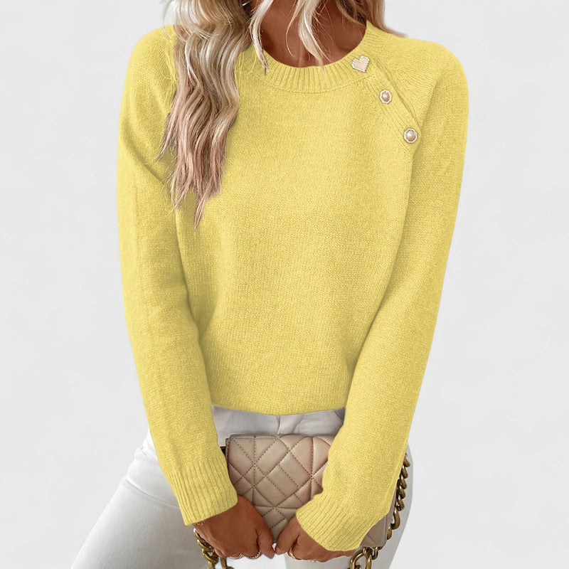 Pearl Button Crew Neck Sweater for Women with Raglan Sleeves in Yellow, front view