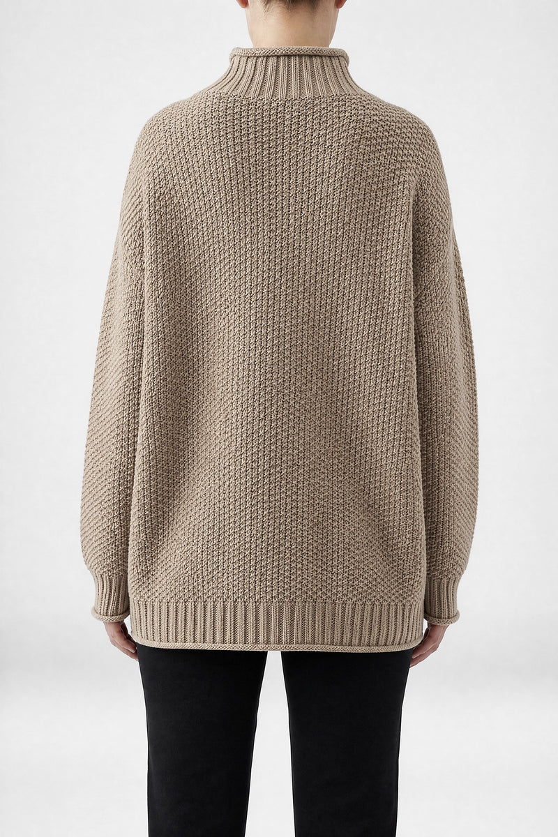 Sofaine Elise waffle-knit mock neck oversized sweater in Beige, back view studio shot