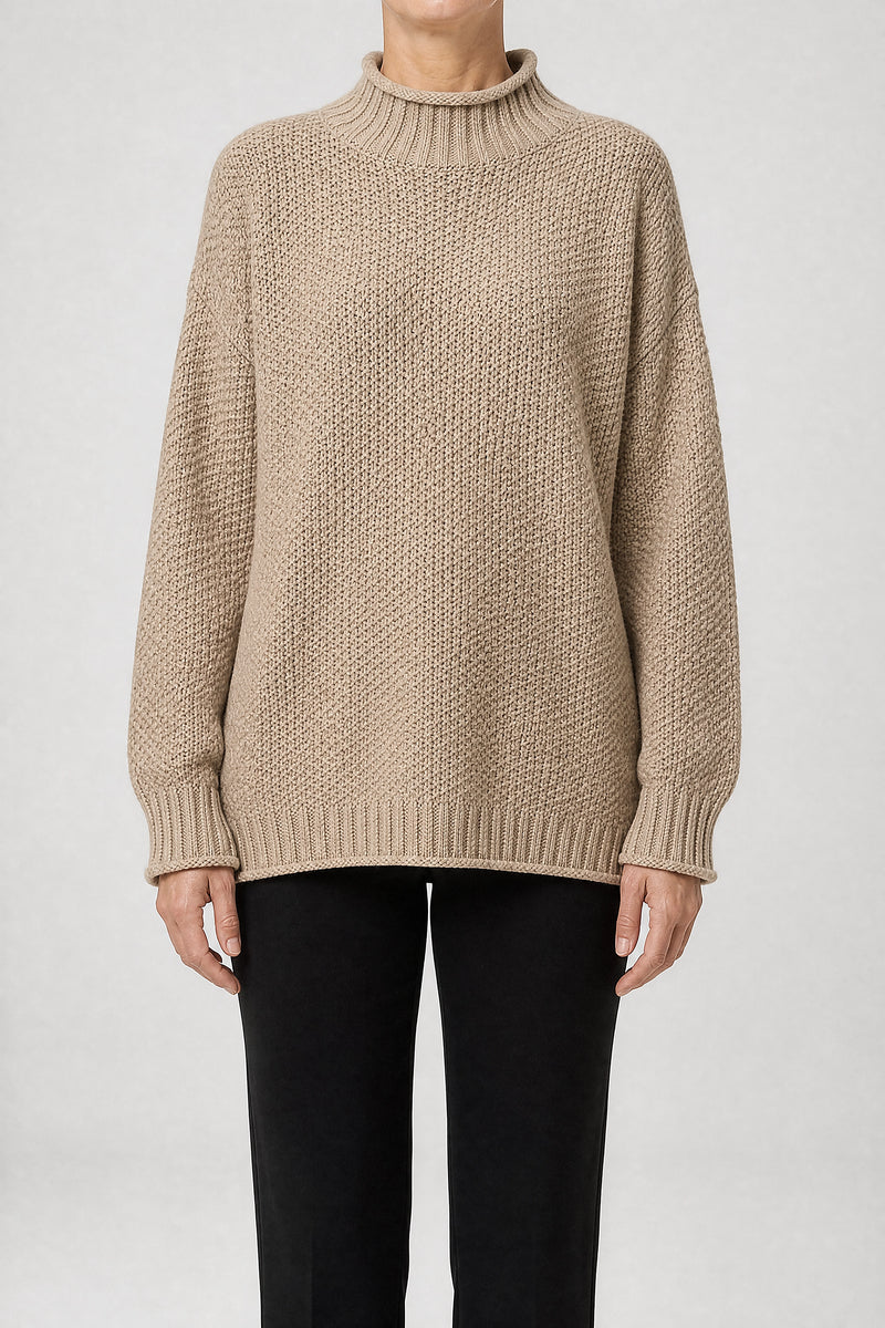 Sofaine Elise waffle-knit mock neck oversized sweater in Beige, front view studio shot