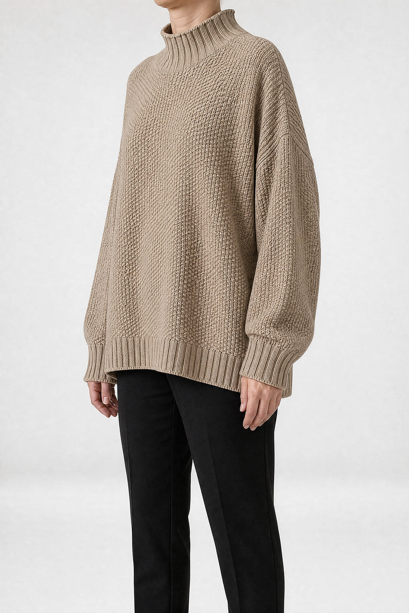 Sofaine Elise waffle-knit mock neck oversized sweater in Beige, side view studio shot