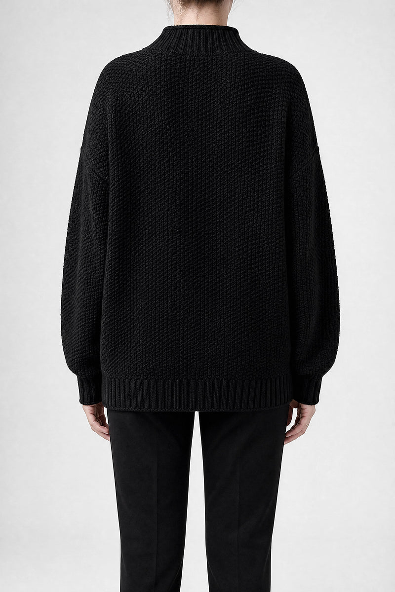 Sofaine Elise waffle-knit mock neck oversized sweater in Black, back view studio shot