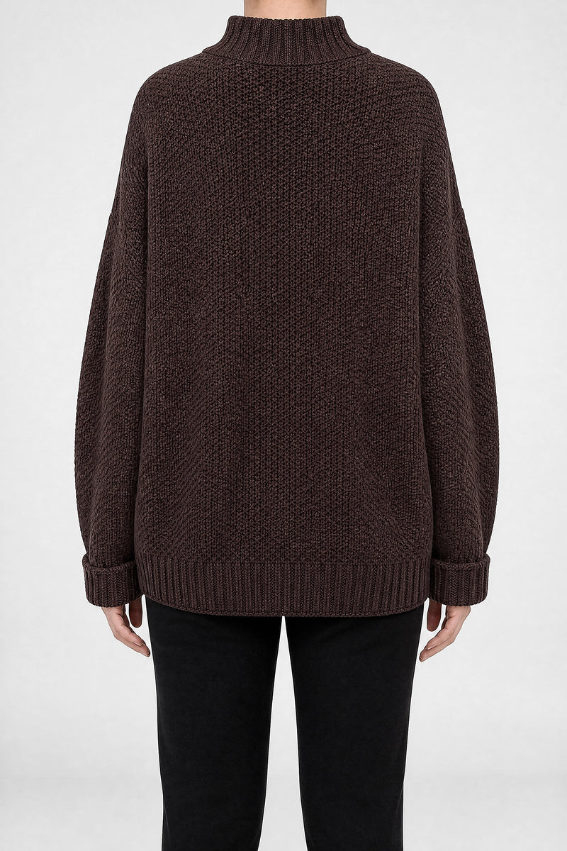 Sofaine Elise waffle-knit mock neck oversized sweater in Coffee, back view studio shot