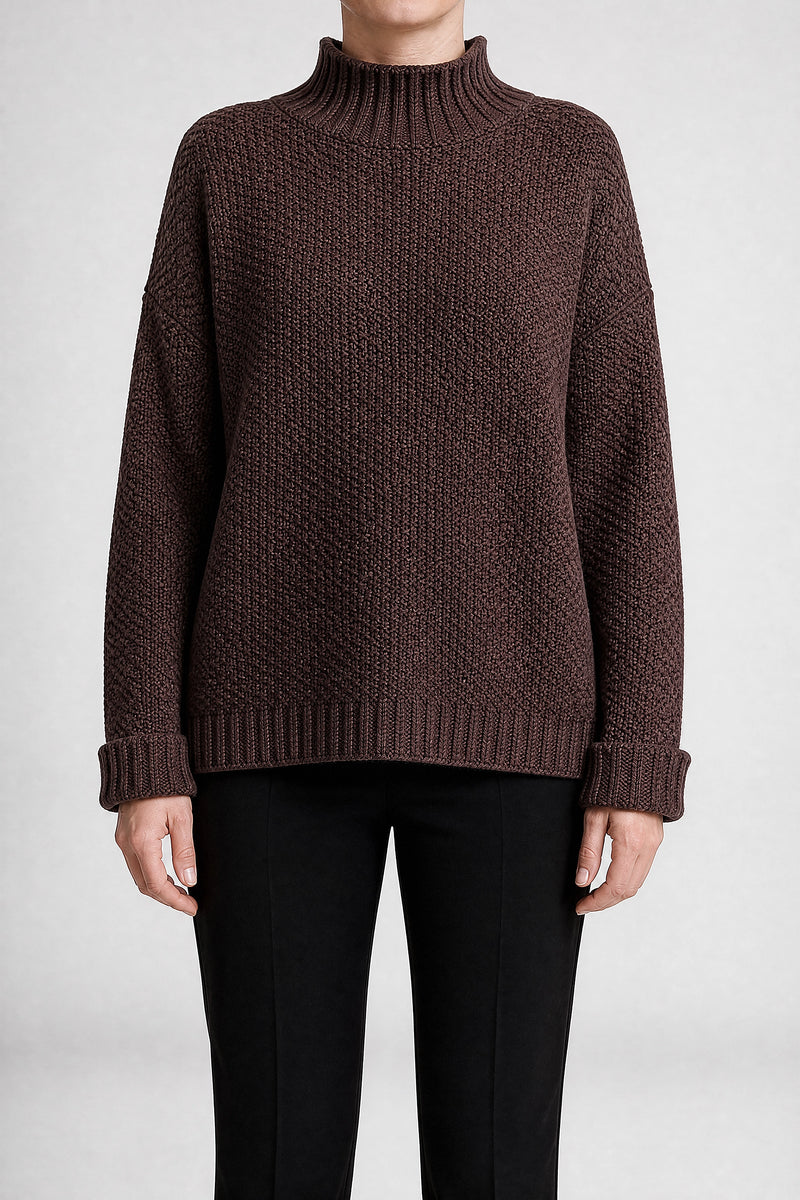 Sofaine Elise waffle-knit mock neck oversized sweater in Coffee, front view studio shot