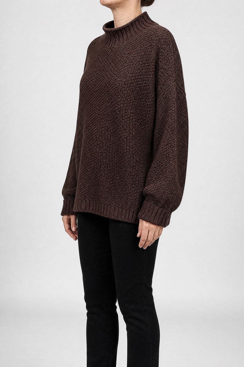 Sofaine Elise waffle-knit mock neck oversized sweater in Coffee, side view studio shot