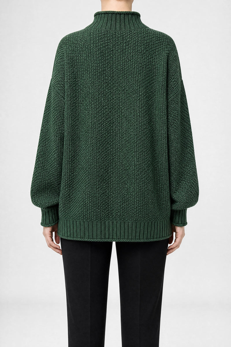 Sofaine Elise waffle-knit mock neck oversized sweater in Green, back view studio shot