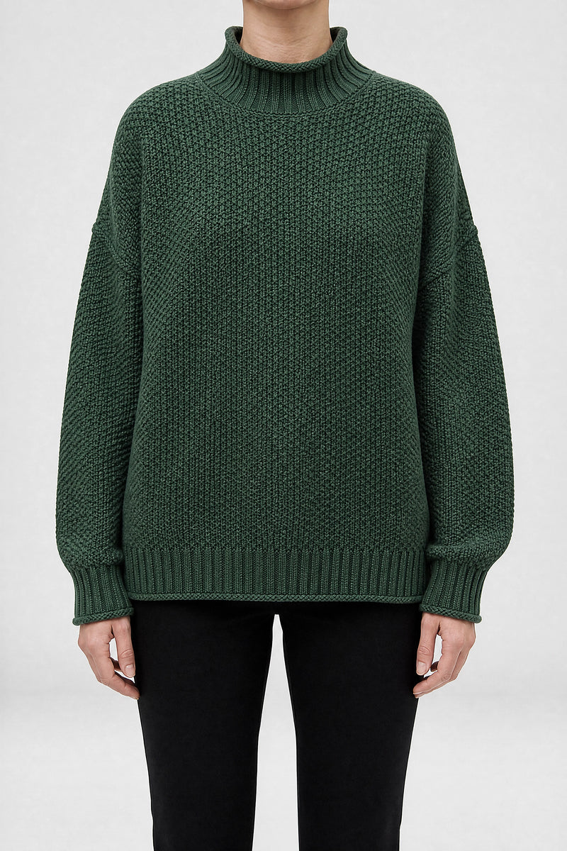 Sofaine Elise waffle-knit mock neck oversized sweater in Green, front view studio shot