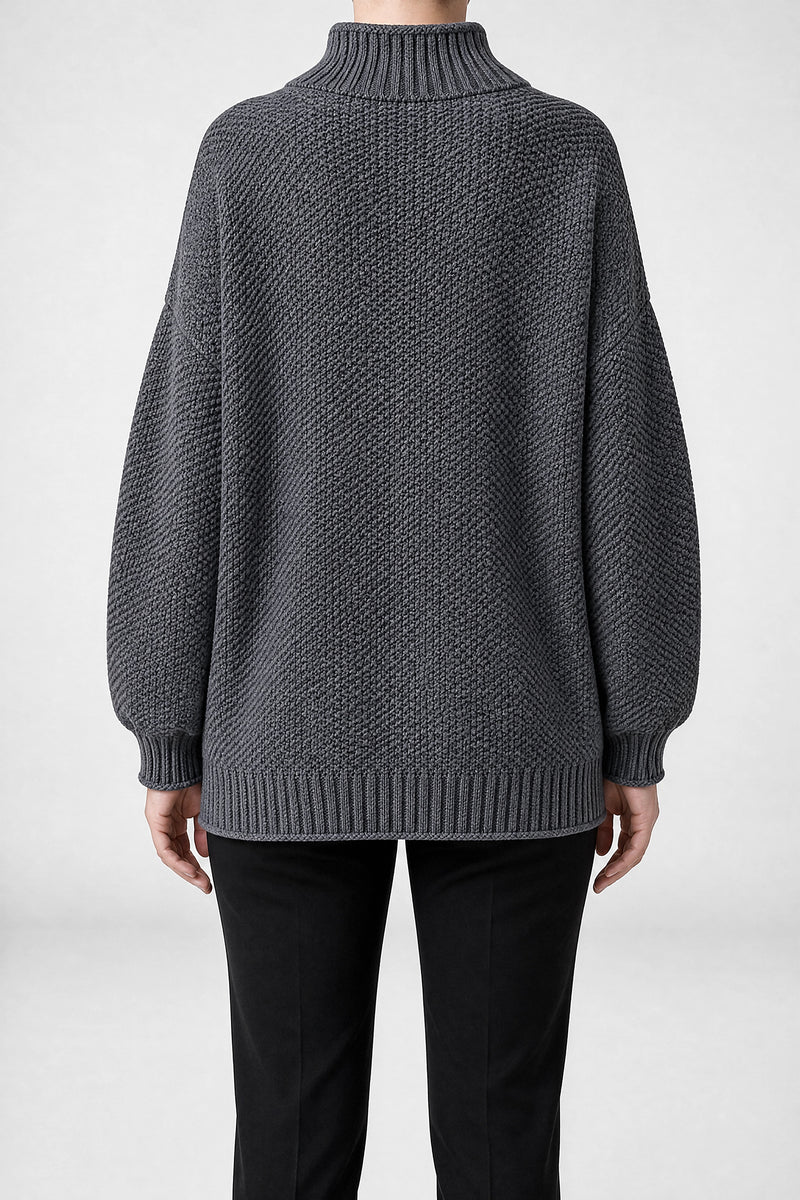 Sofaine Elise waffle-knit mock neck oversized sweater in Grey, back view studio shot