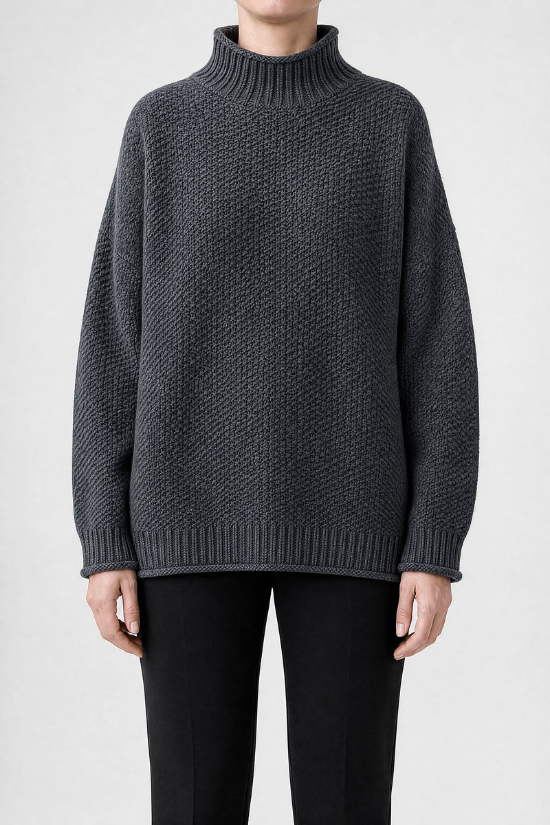 Sofaine Elise waffle-knit mock neck oversized sweater in Grey, front view studio shot