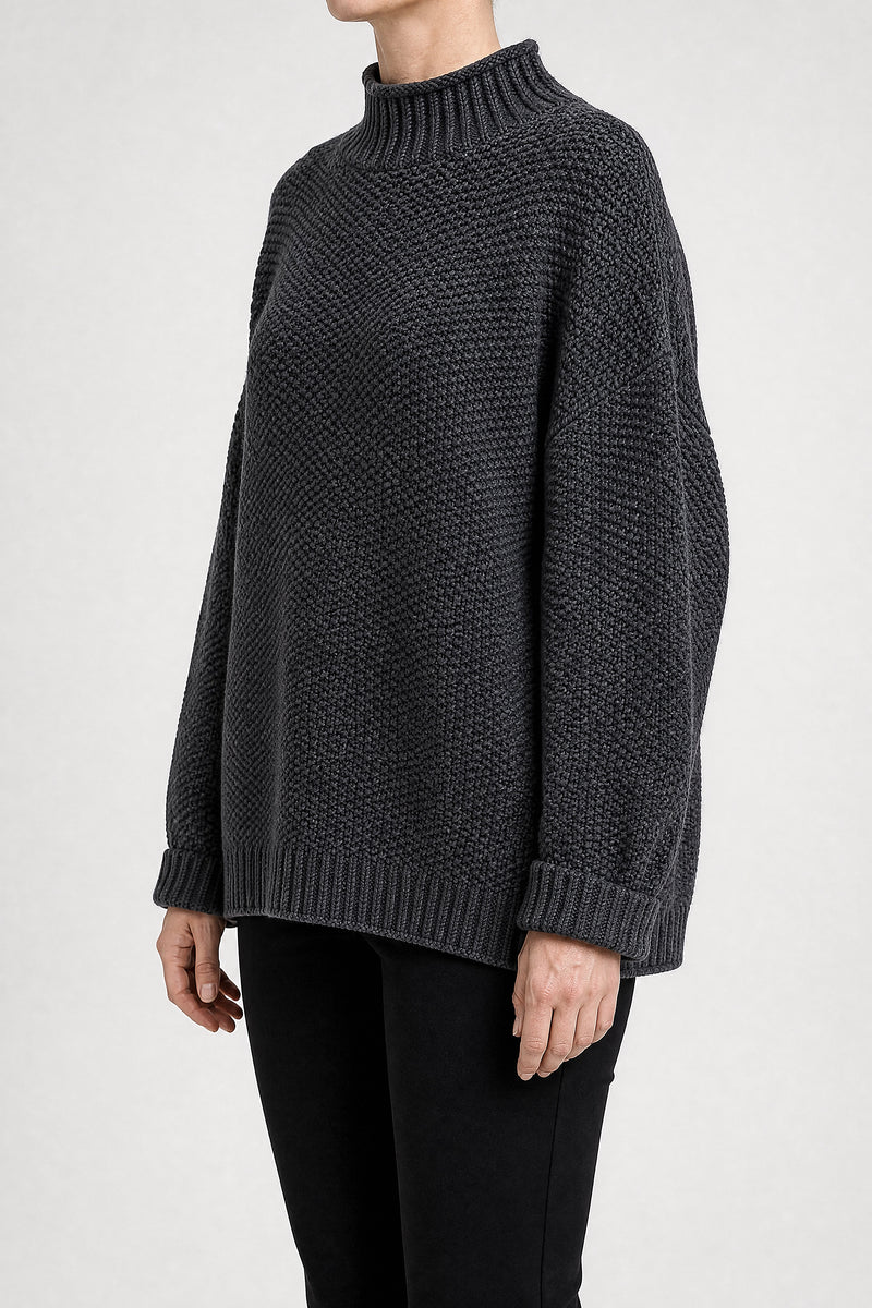 Sofaine Elise waffle-knit mock neck oversized sweater in Grey, side view studio shot