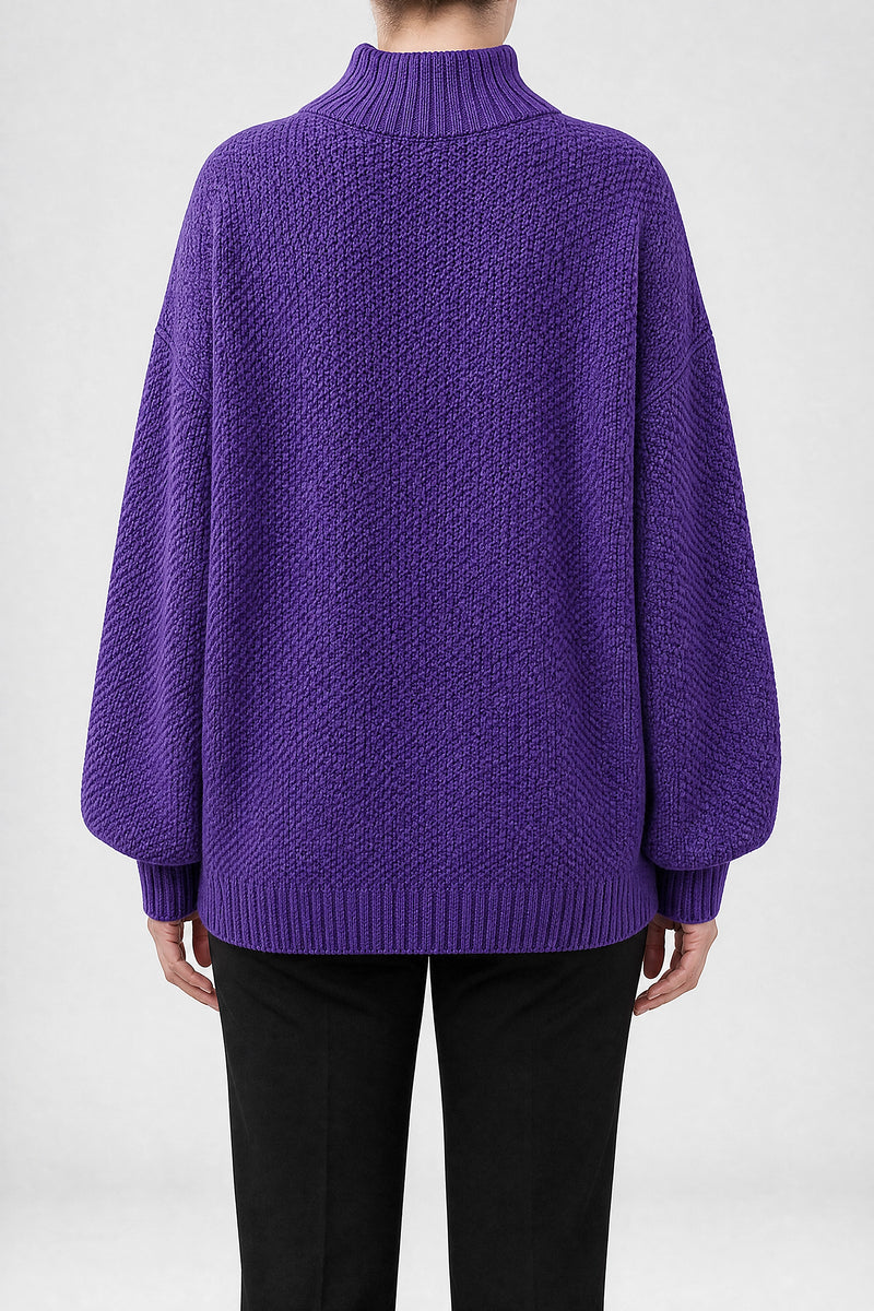 Sofaine Elise waffle-knit mock neck oversized sweater in Purple, back view studio shot