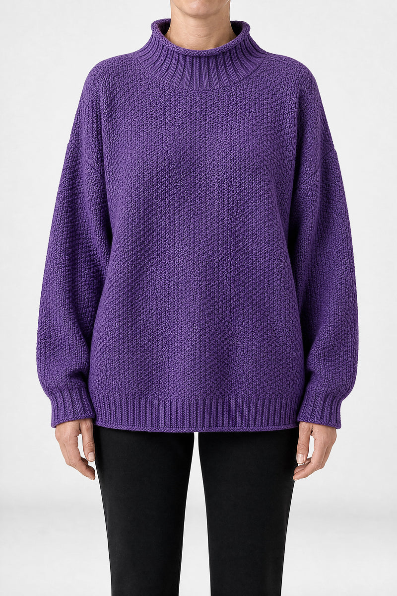 Sofaine Elise waffle-knit mock neck oversized sweater in Purple, front view studio shot