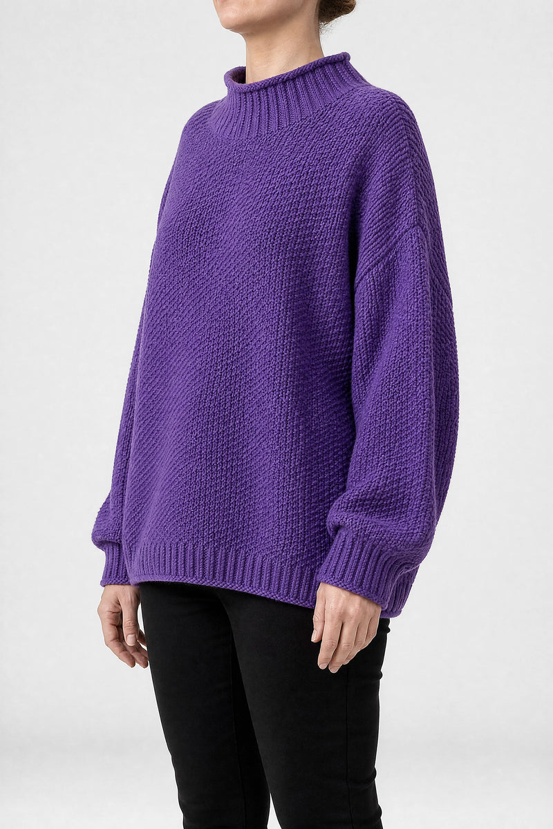Sofaine Elise waffle-knit mock neck oversized sweater in Purple, side view studio shot