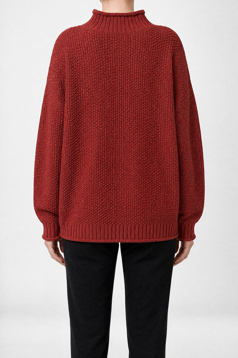Sofaine Elise waffle-knit mock neck oversized sweater in Red, back view studio shot