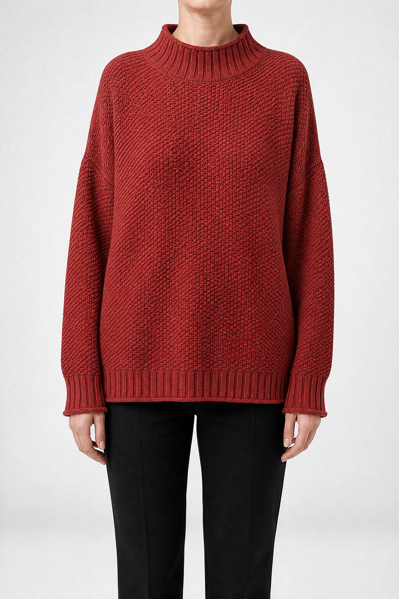 Sofaine Elise waffle-knit mock neck oversized sweater in Red, front view studio shot