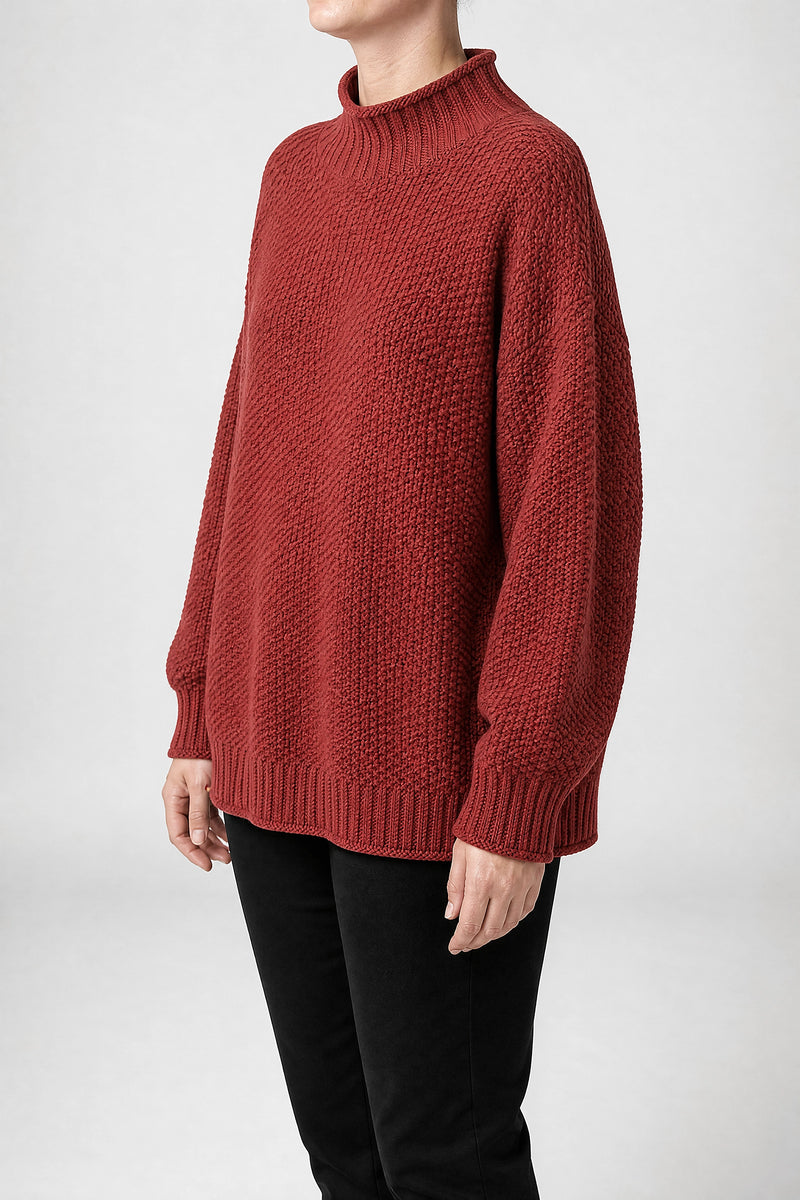 Sofaine Elise waffle-knit mock neck oversized sweater in Red, side view studio shot