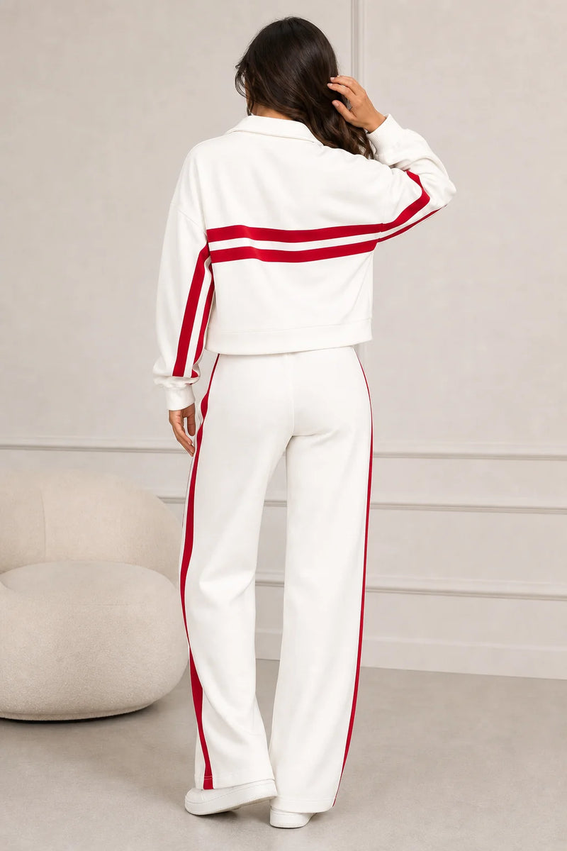 Sofaine Elizabeth zip jacket and pants two-piece set in White, worn back