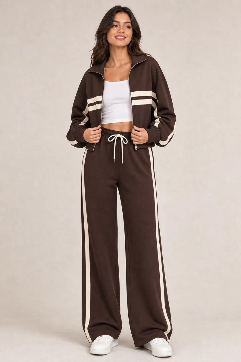 Sofaine Elizabeth zip jacket and pants two-piece set in Brown, worn front