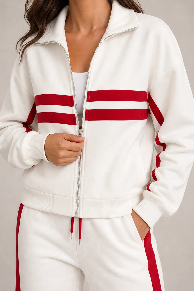 Sofaine Elizabeth zip jacket and pants two-piece set in White, chest stripe zipper detail