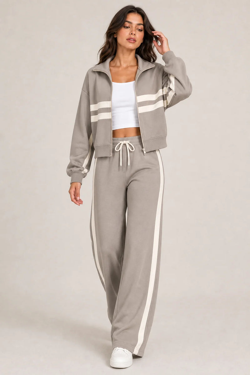 Sofaine Elizabeth zip jacket and pants two-piece set in Gray, worn front
