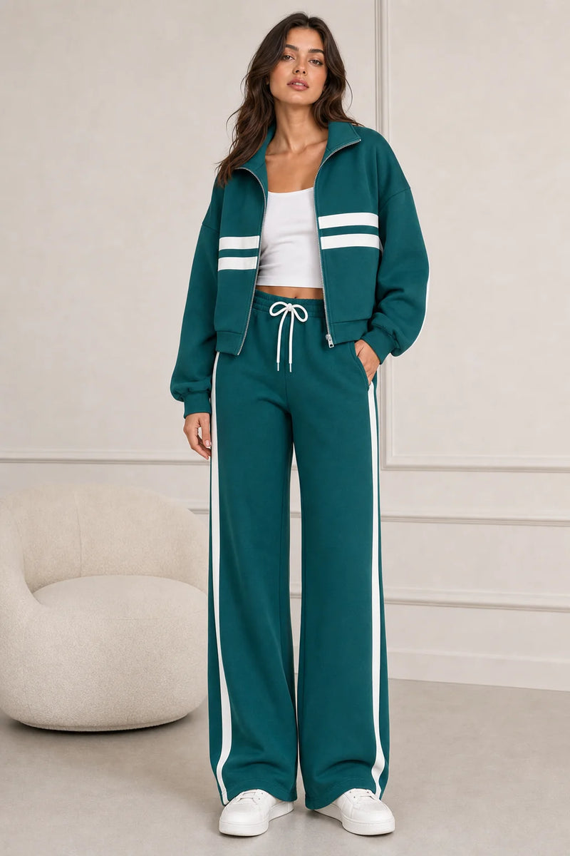 Sofaine Elizabeth zip jacket and pants two-piece set in Green, worn front