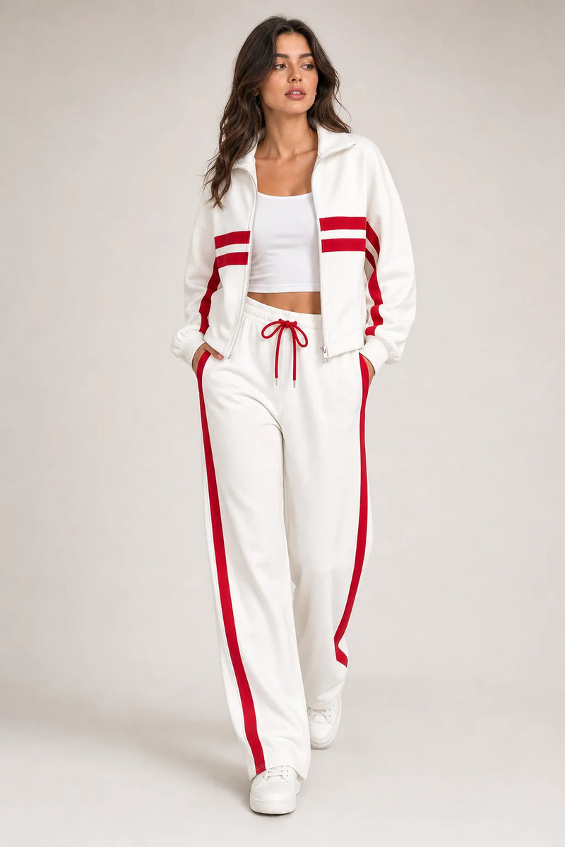 Sofaine Elizabeth zip jacket and pants two-piece set in White, styled full look