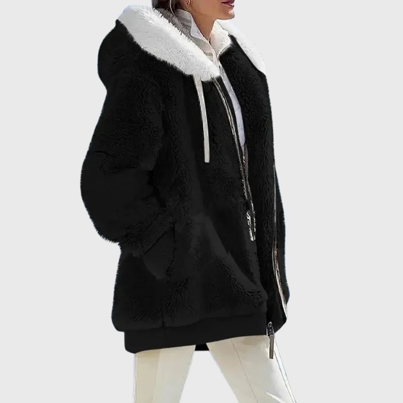 Fluffy Hooded Fleece Jacket for Women with Zip Front and Side Pockets in Black, side view