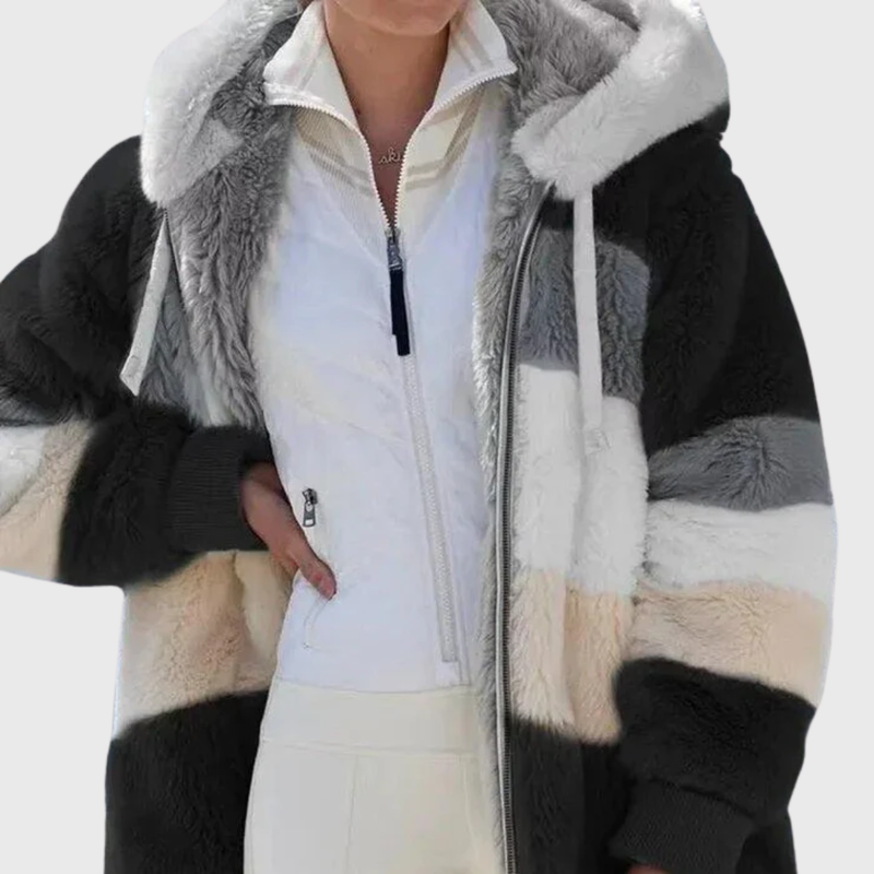 Fluffy Hooded Fleece Jacket for Women with Zip Front and Side Pockets in Black Stripes, front view