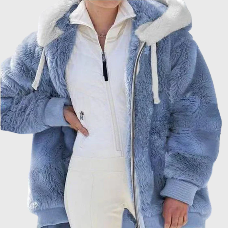 Fluffy Hooded Fleece Jacket for Women with Zip Front and Side Pockets in Blue, front view
