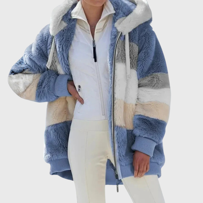 Fluffy Hooded Fleece Jacket for Women with Zip Front and Side Pockets in Blue Stripes, front view