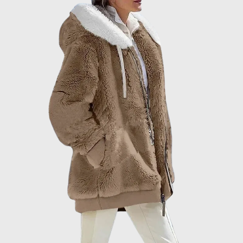Fluffy Hooded Fleece Jacket for Women with Zip Front and Side Pockets in Brown, side view