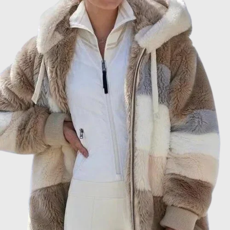 Fluffy Hooded Fleece Jacket for Women with Zip Front and Side Pockets in Brown Stripes, close-up