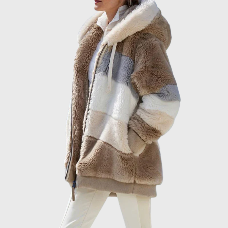 Fluffy Hooded Fleece Jacket for Women with Zip Front and Side Pockets in Brown Stripes, side view