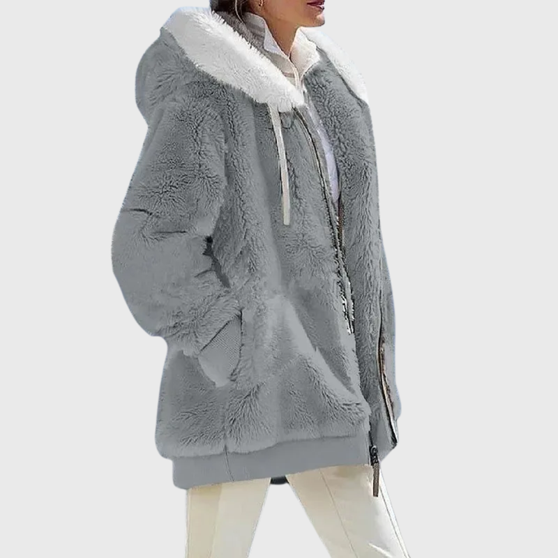 Fluffy Hooded Fleece Jacket for Women with Zip Front and Side Pockets in Gray, side view