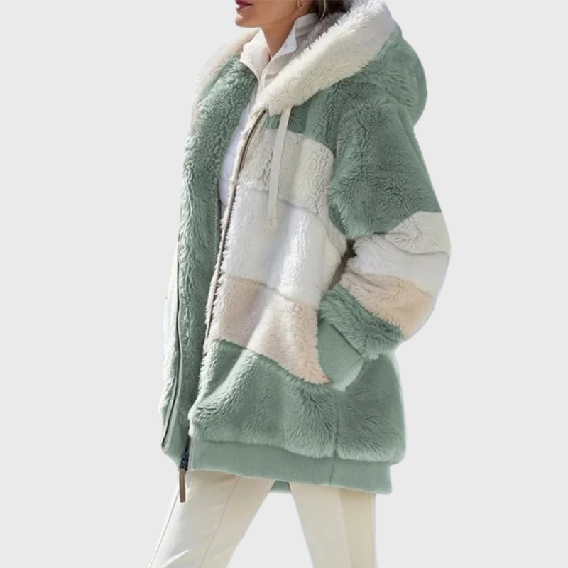 Fluffy Hooded Fleece Jacket for Women with Zip Front and Side Pockets in Green Stripes, side view
