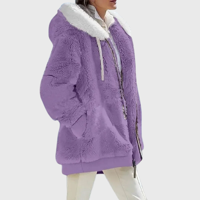 Fluffy Hooded Fleece Jacket for Women with Zip Front and Side Pockets in Purple, side view