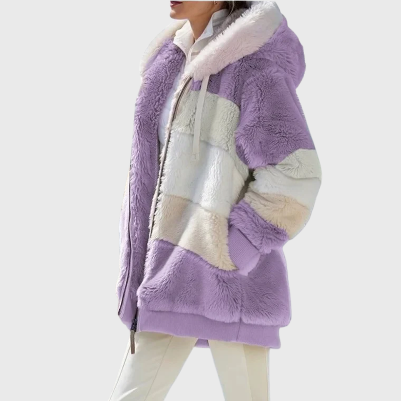 Fluffy Hooded Fleece Jacket for Women with Zip Front and Side Pockets in Purple Stripes, side view