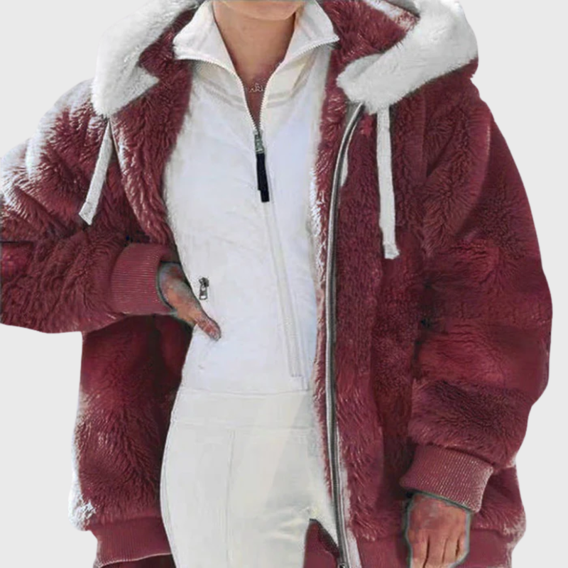 Fluffy Hooded Fleece Jacket for Women with Zip Front and Side Pockets in Red, front view