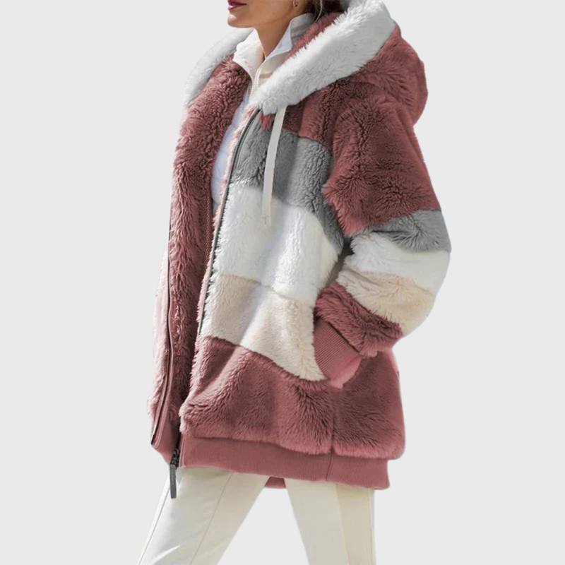 Fluffy Hooded Fleece Jacket for Women with Zip Front and Side Pockets in Red Stripes, side view