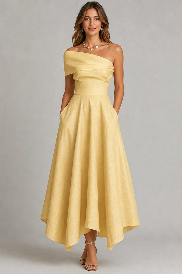 Sofaine Delilah yellow linen one-shoulder maxi dress in Yellow, studio hero