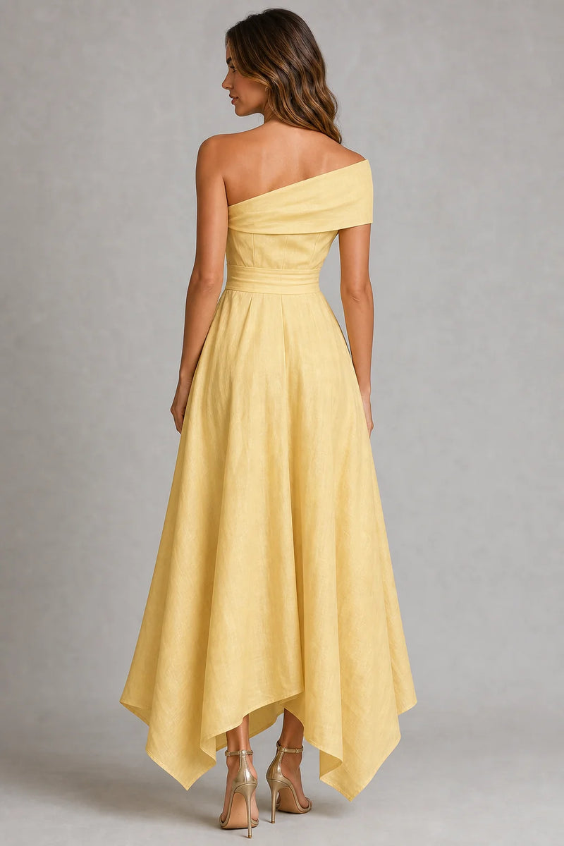 Sofaine Delilah yellow linen one-shoulder maxi dress in Yellow, back view