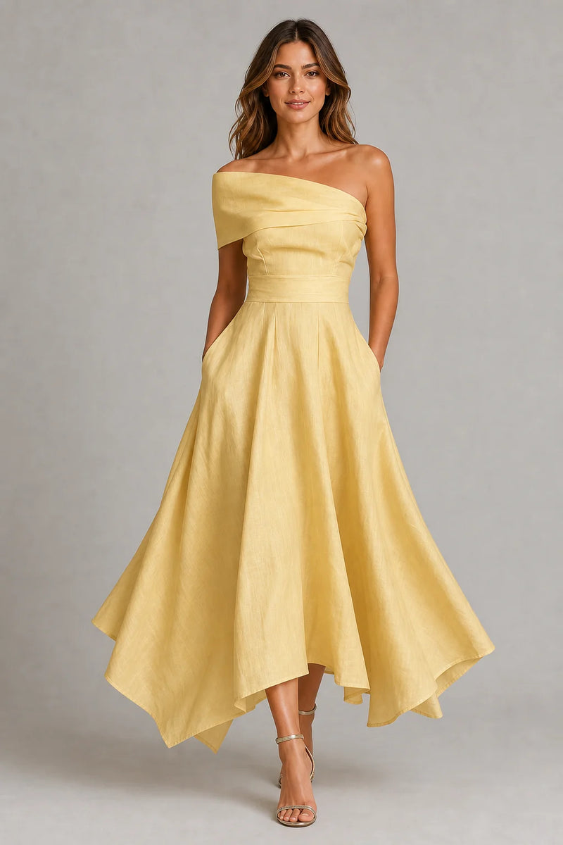 Sofaine Delilah yellow linen one-shoulder maxi dress in Yellow, styled full look