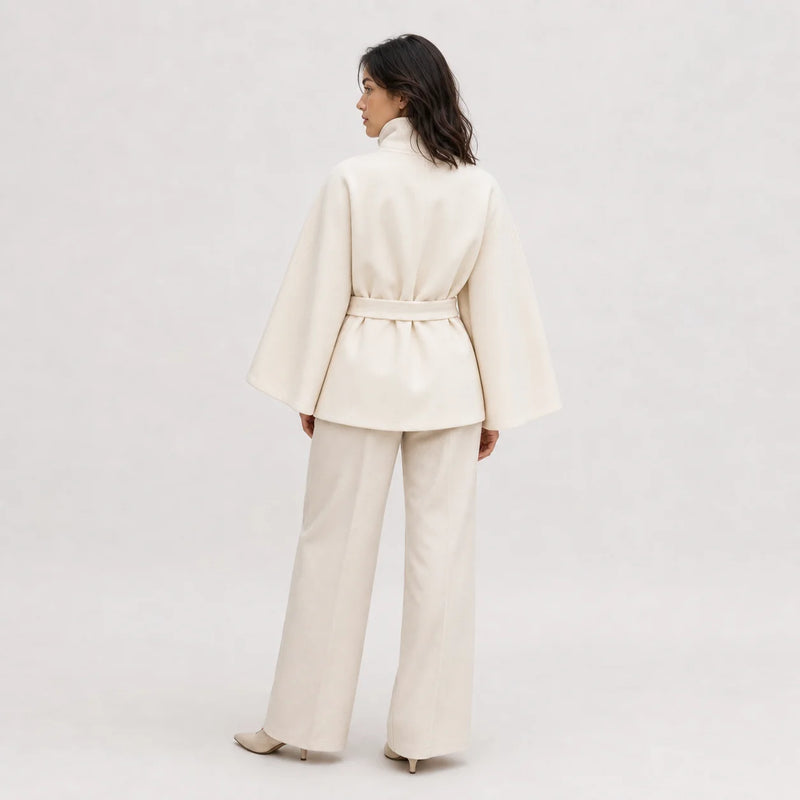 Sofaine Ella women's belted high-collar cape coat in Beige, worn back