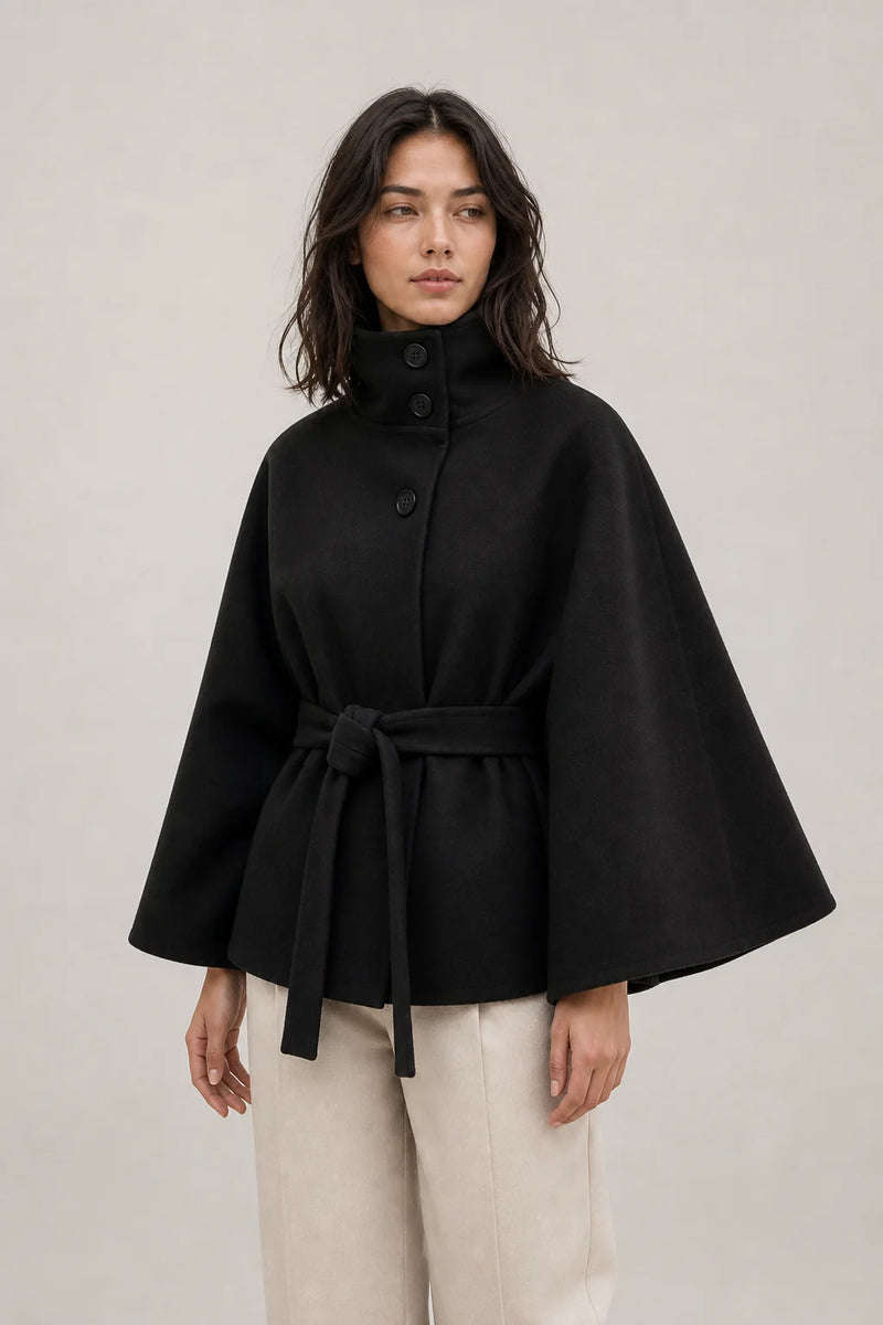 Sofaine Ella women's belted high-collar cape coat in Black, worn front